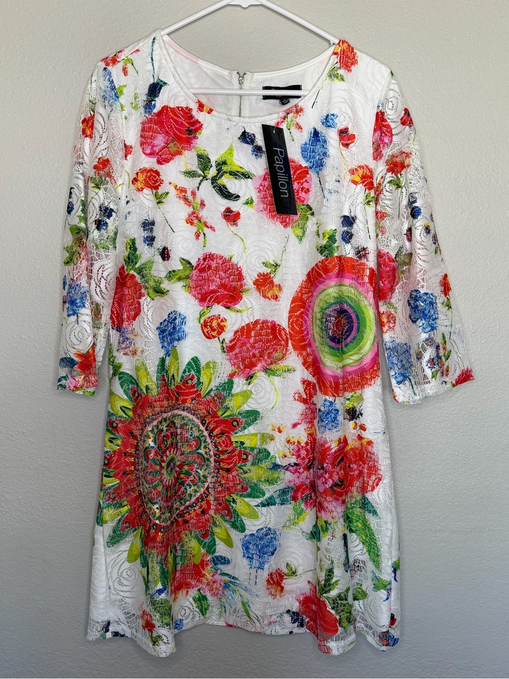 Papillon Floral Lace Shift Dress Womens Large NWT White Multicolor 3/4 Sleeve